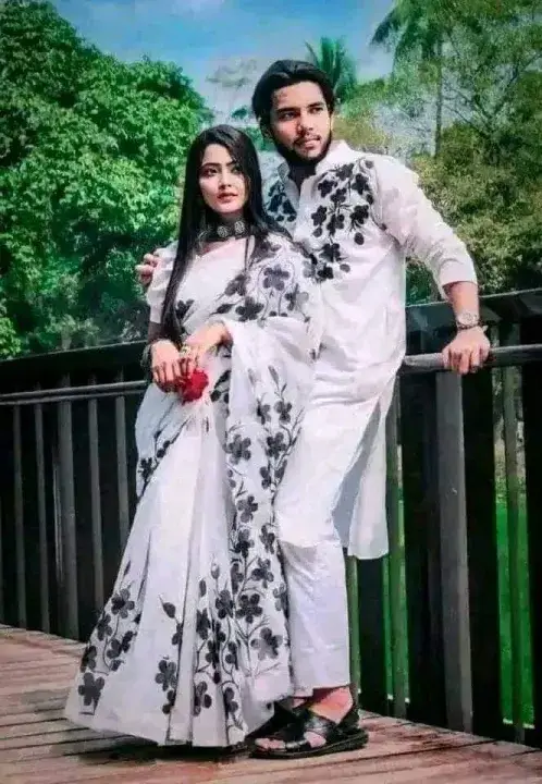 Stylish Hand Print Couple Dress Combo – Saree & Panjabi Matching Set for Men & Women