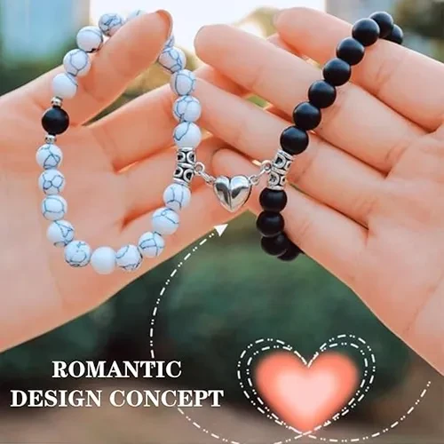 Magnetic Heart Couple Bracelets – 2Pcs Rubber Band with Bell & Stone