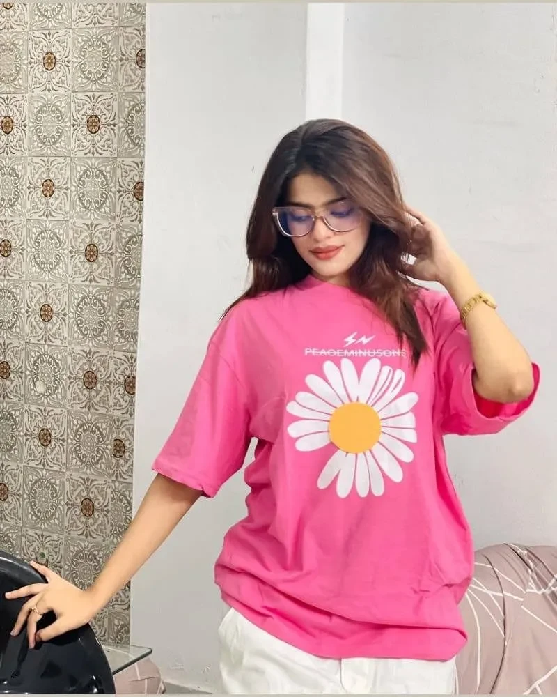 Pink Drop Shoulder T-Shirt – Sunflower Print for Women & Girls