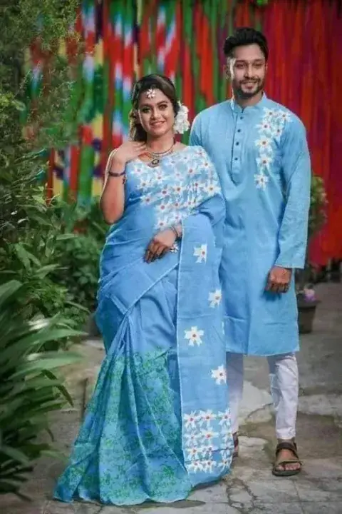 Fashionable Matching Couple Set – Saree & Panjabi Combo
