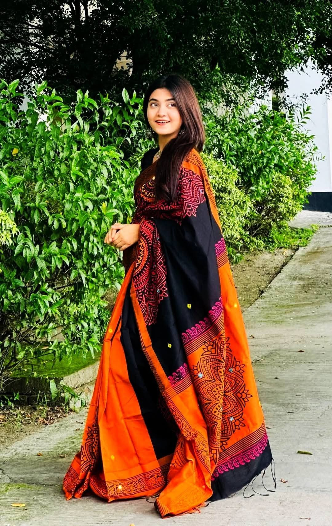 Dupian Silk Saree – Block Print & Embroidery